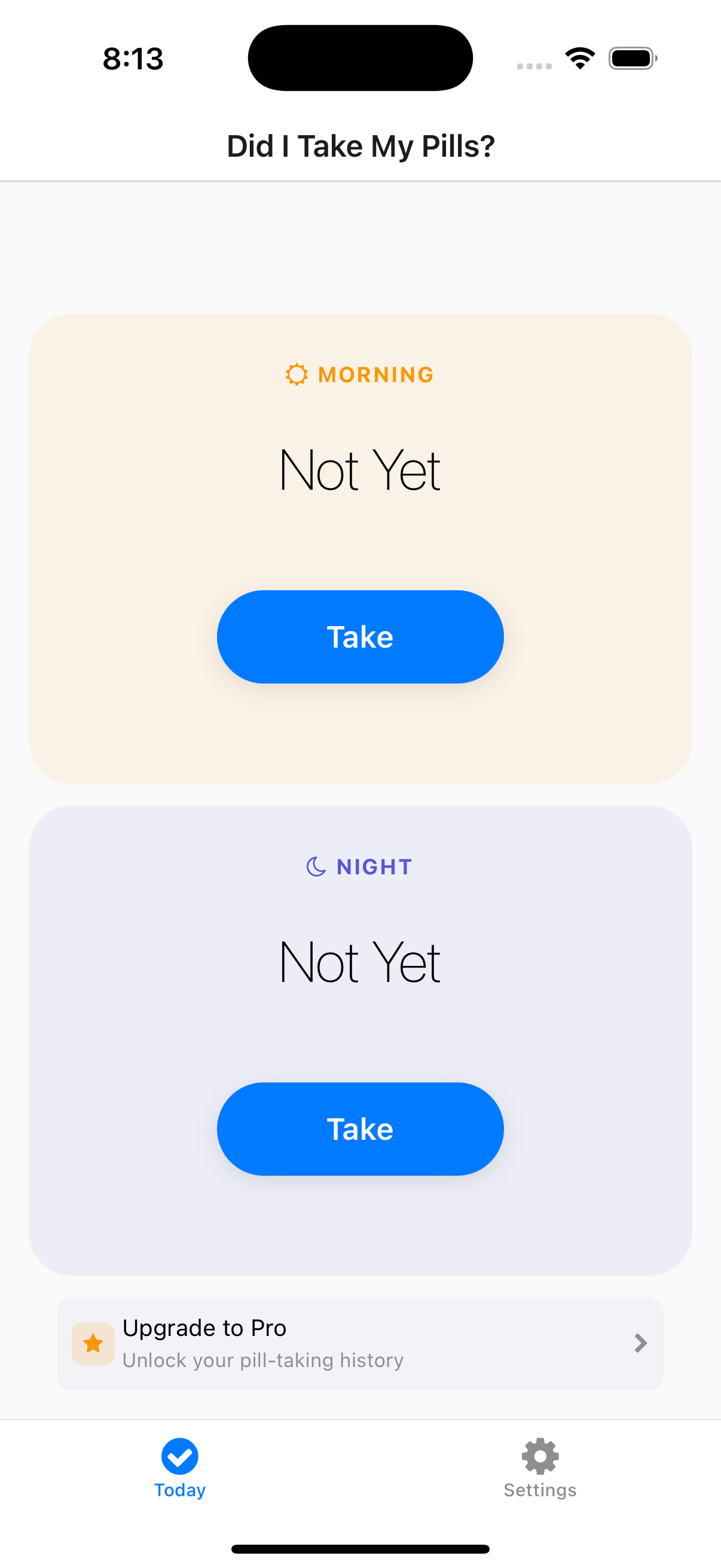 Main app screen showing morning and night pills